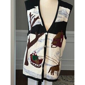 Vintage Bobbie Brooks Winter Sleigh Beaded Christmas Vest Grandma Chic Size M